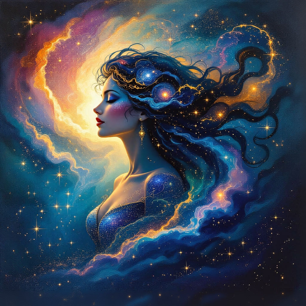 Celestial Goddess Emerging from Nebula, Oil Painting
