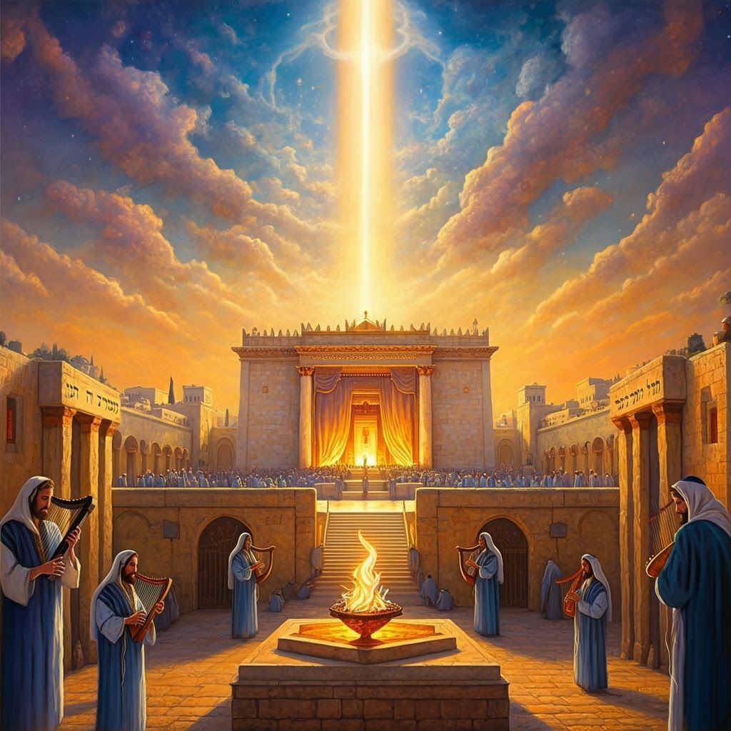 Radiant Holy Temple with Levites and Cosmic Sky