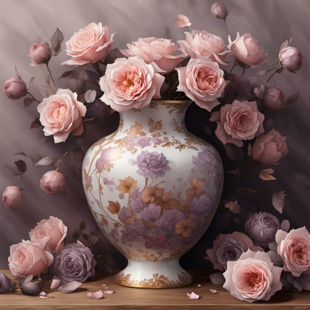 An elegant porcelain vase overflowing with lush roses in shades of soft pink, lavender, and dusty purple. 