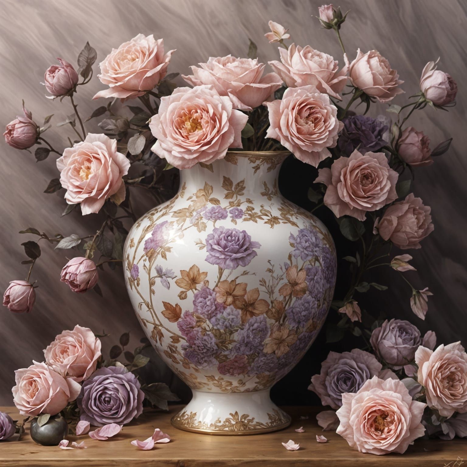 An elegant porcelain vase overflowing with lush roses in shades of soft pink, lavender, and dusty purple.   by @Queen274