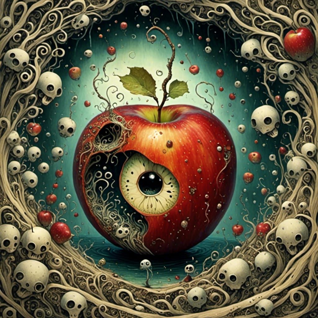 <lora:Creepy Critters:1.0> inside apple, dark fantasy,