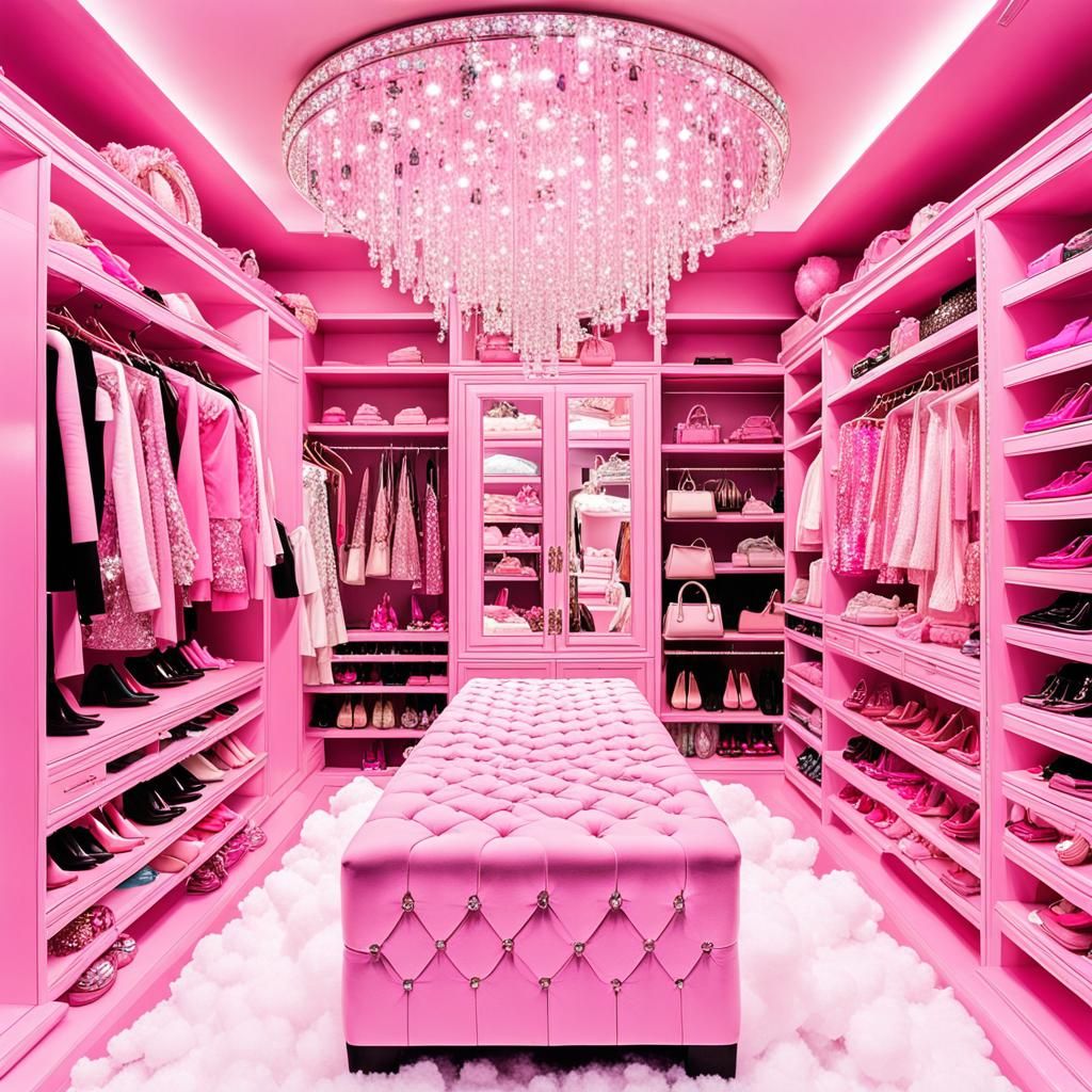 walk in goddess pink closet adorned in crystals, luxury purs...