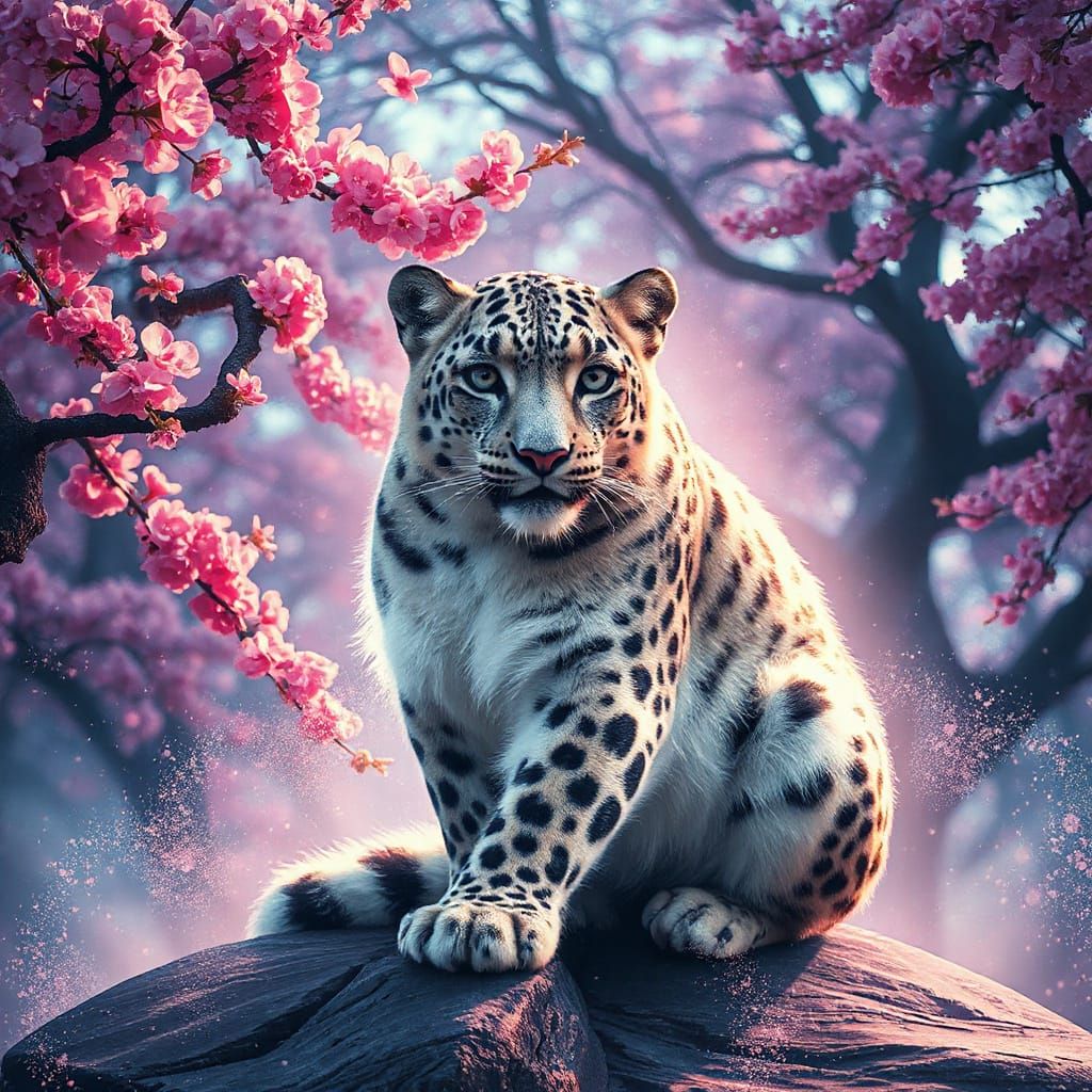 snow leopard, sparkles, light from back, cherry blossom tree's background