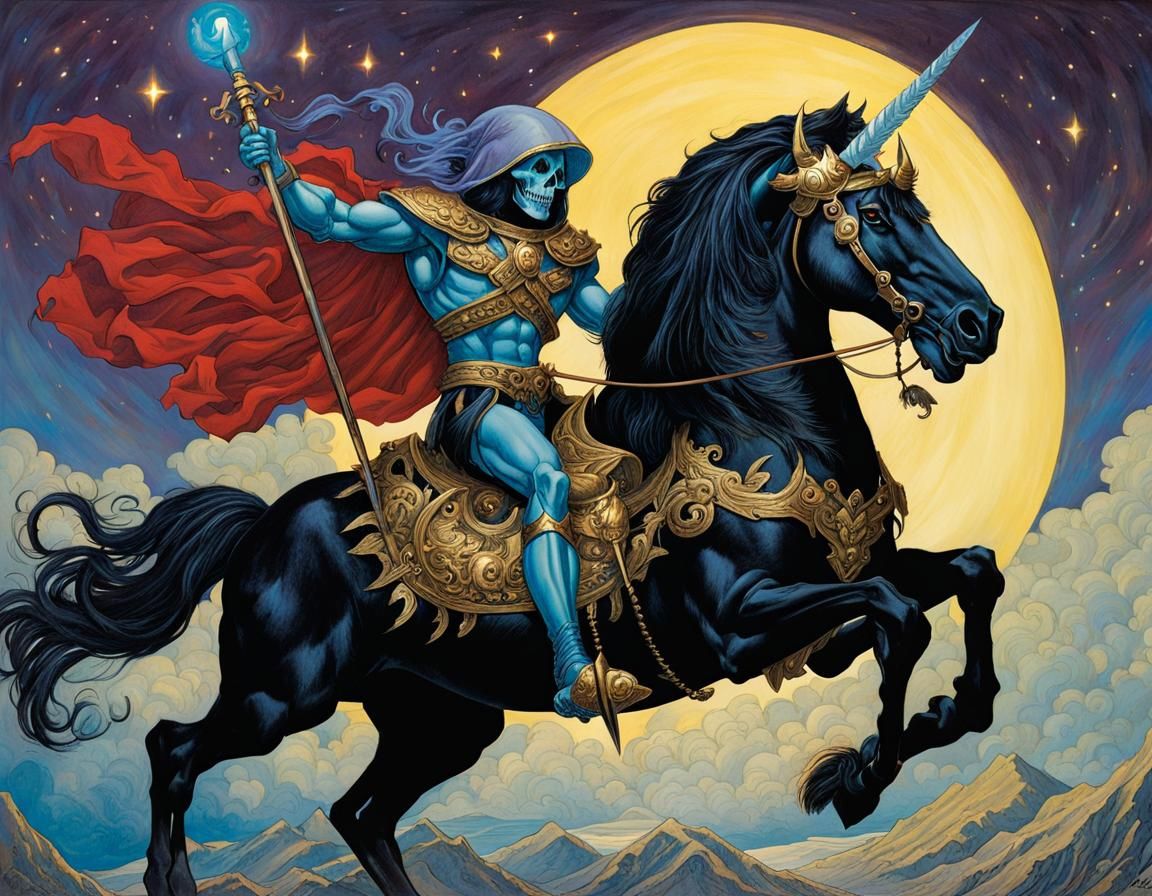 Skeletor riding a black unicorn, Masters of the universe, MO...
