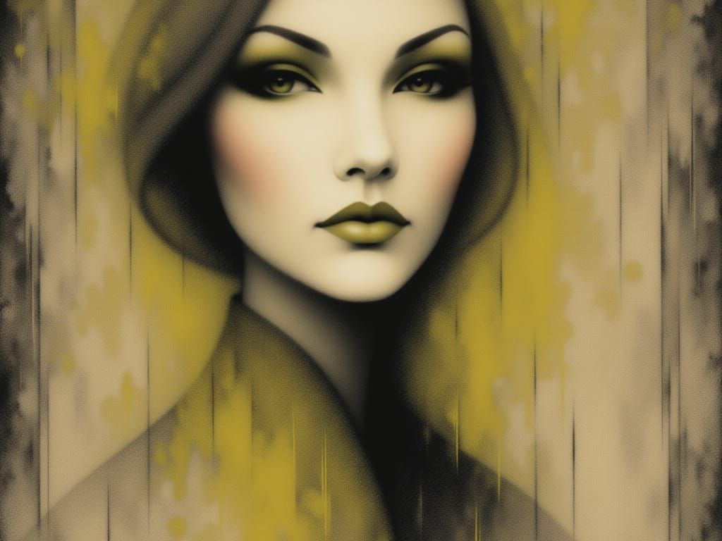 <lora:Blurred:1.0> <lora:Messy Chalk:1.0> female full length, stone wall, gothic style with art deco influences, lime and tan shapes in back...