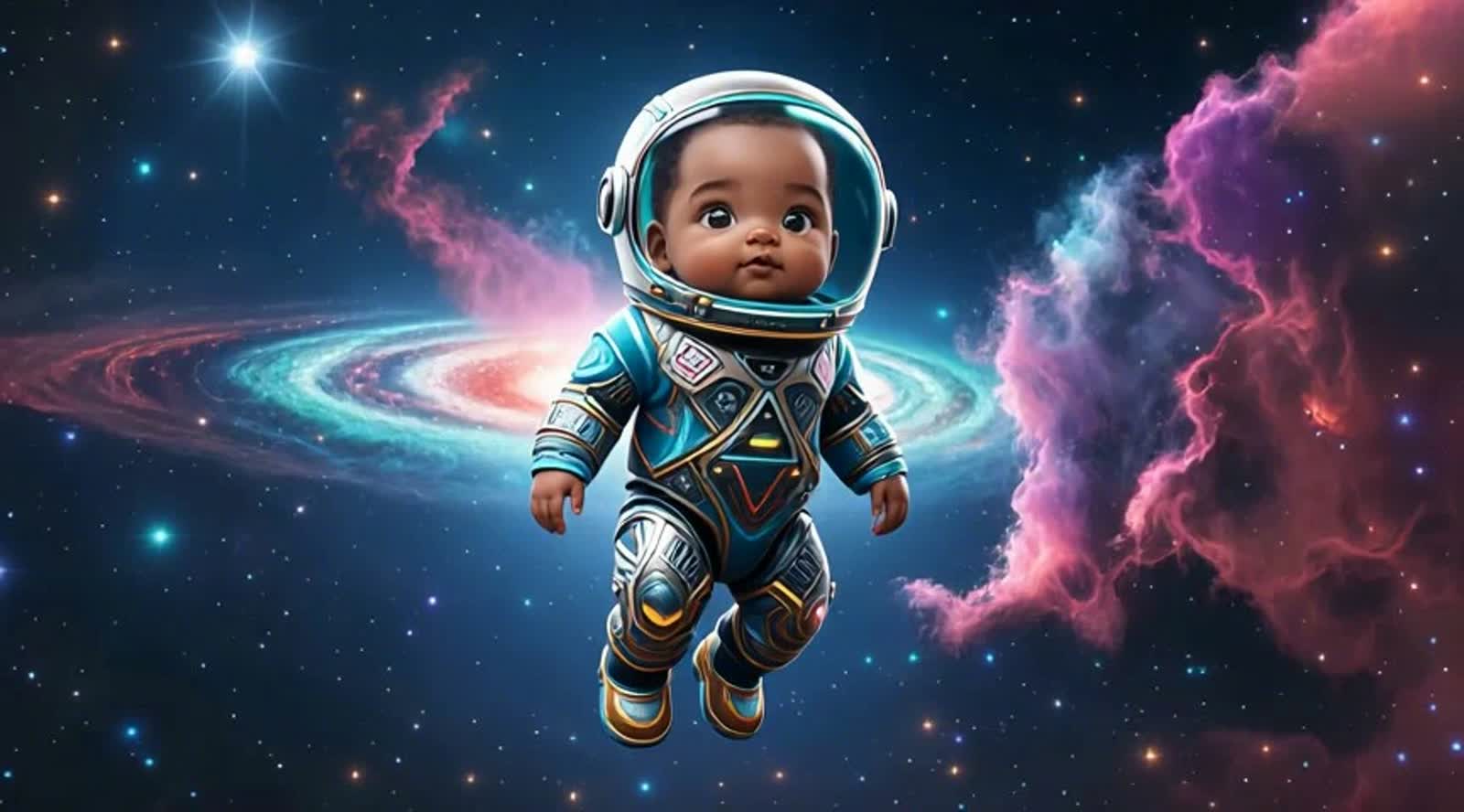 A whimsical astronaut black baby floating in a nebula, surrounded by swirling cosmic dust and distant galaxies. The baby...
