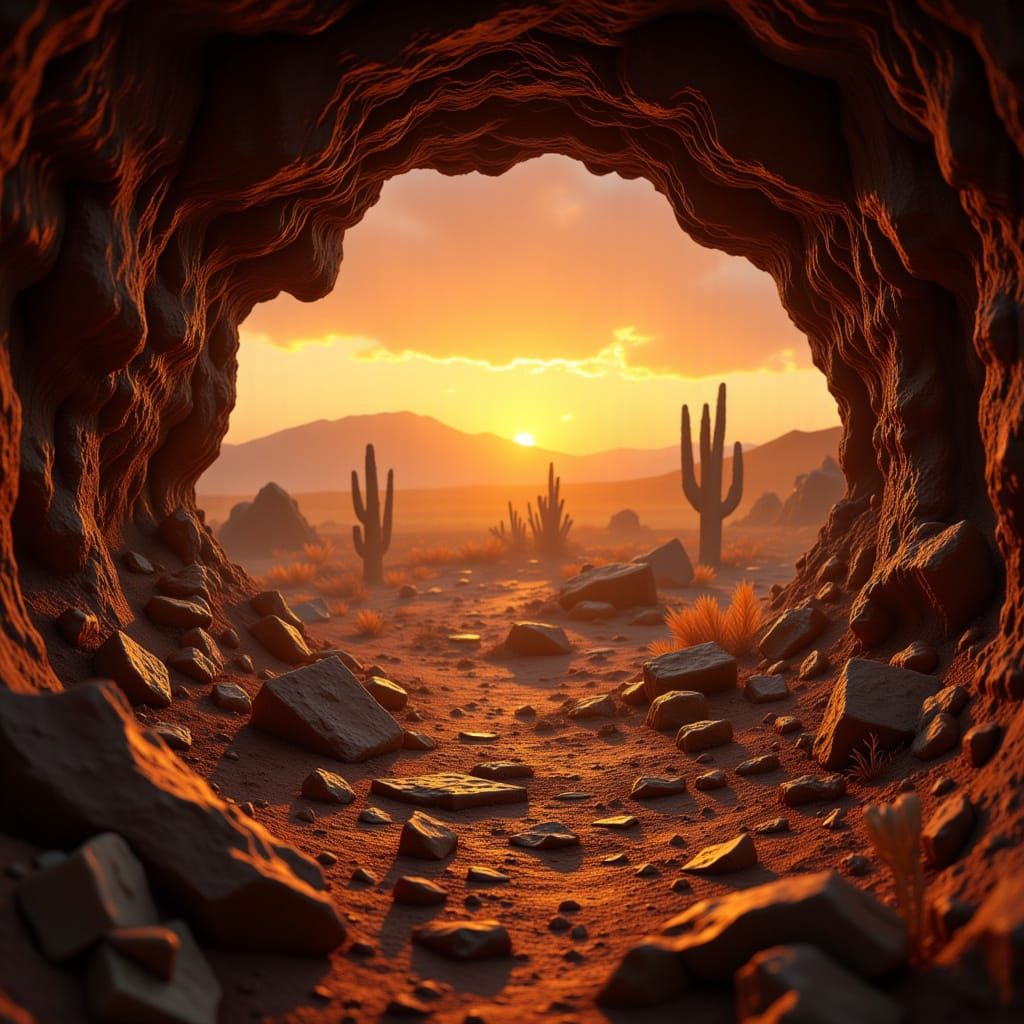 The view of a desert sunset looking out from inside an abandoned animal den, brown and gold <lora:Dragon lair:1.0>