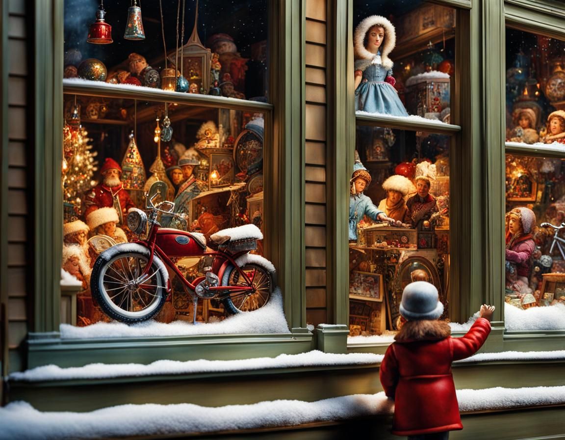 Looking into a Toy store window close up hyper realistic hyper detailed display  ,toys, bikes, rocking ...  by @JACK ANDREASEN