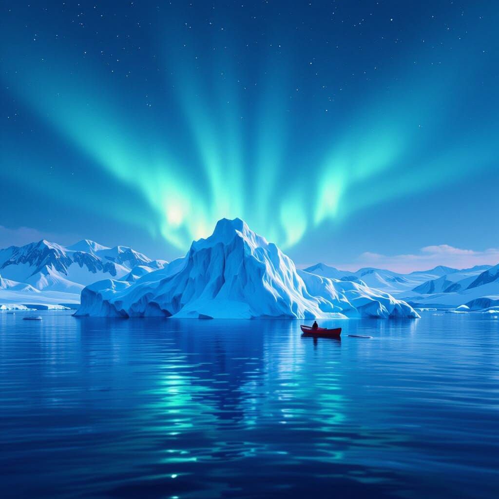 Coastal scene of greenland with beautiful iceberg and a red rowing boat on the right of the water