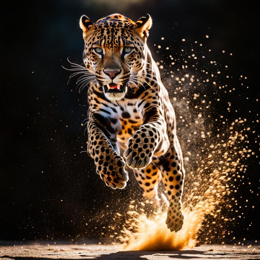 Silhouette of jumping jaguar in extreme backlight with flying glowing flour   by @Beautiful World 