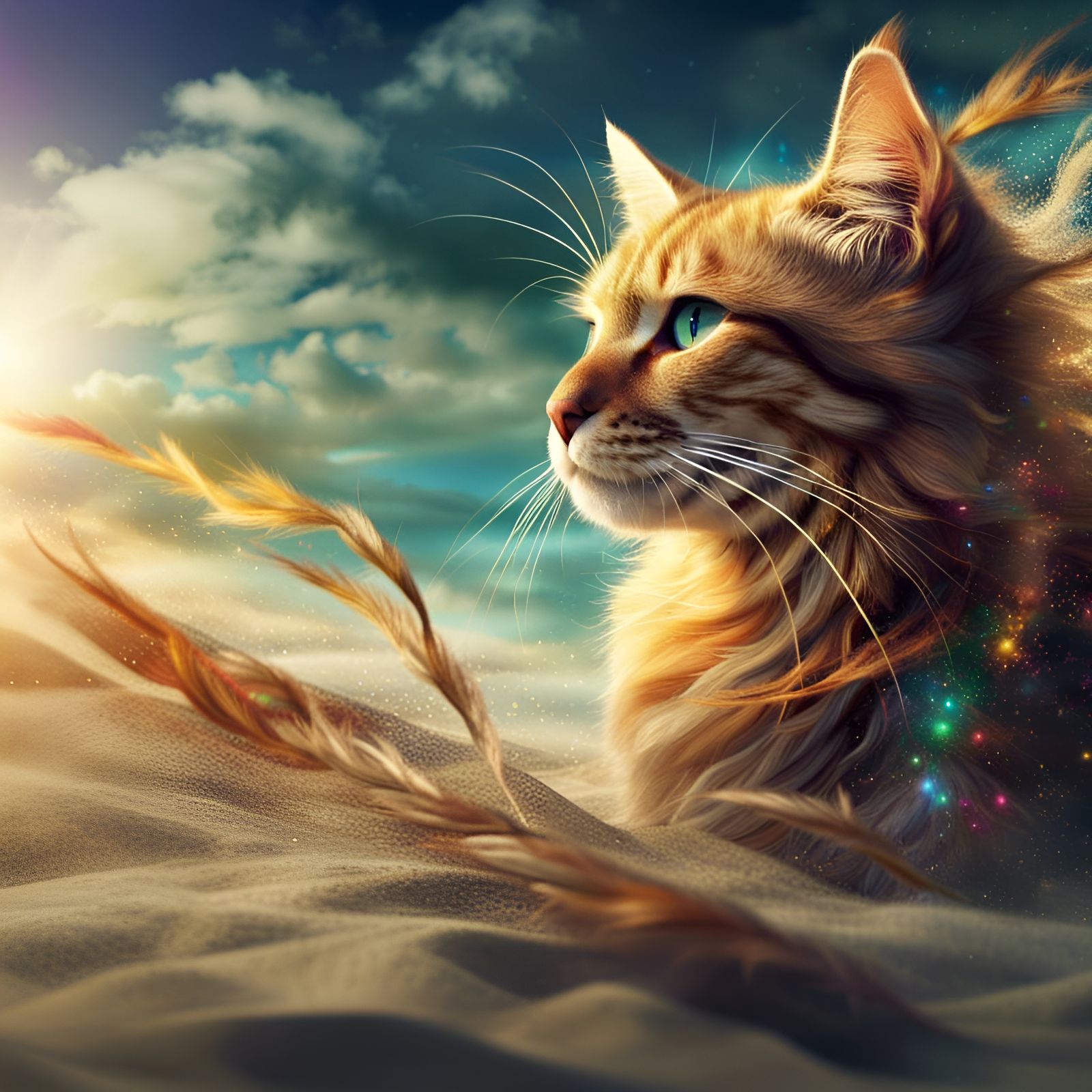 Cat in the summer winds at the beach