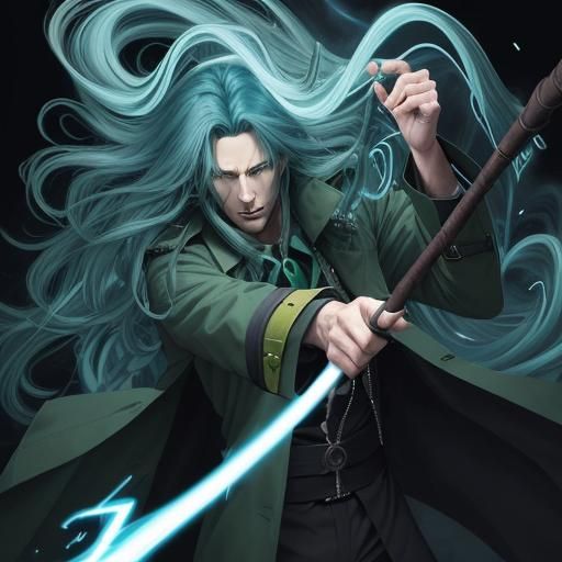 A beautiful long blue haired man wearing a dark green trench...