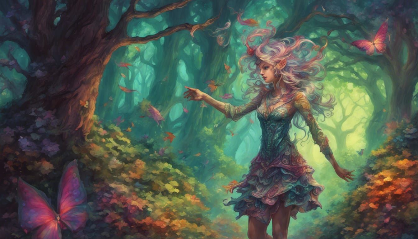 a pretty psychedelic forest elf prancing through a fantasy f...