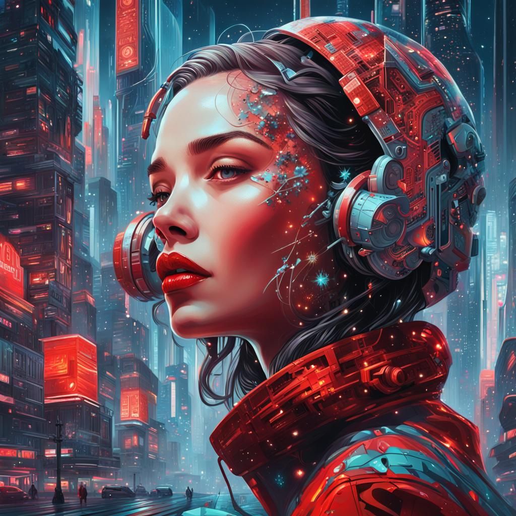 a close up of a painting of a woman's face, cyberpunk art, digital art ...