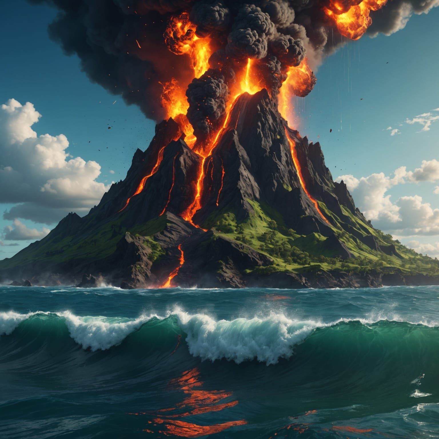 Volcano erupting. Glowing, hot lava flowing into the blue/green ocean waters.  by @Melissa Fischer