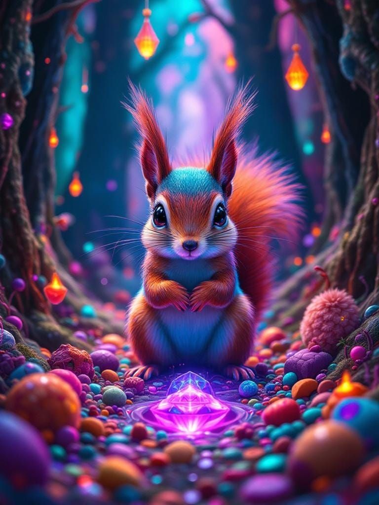 Super squirrel psytrance, dmt symmetrical, front , surreal objects around squirrel 👽