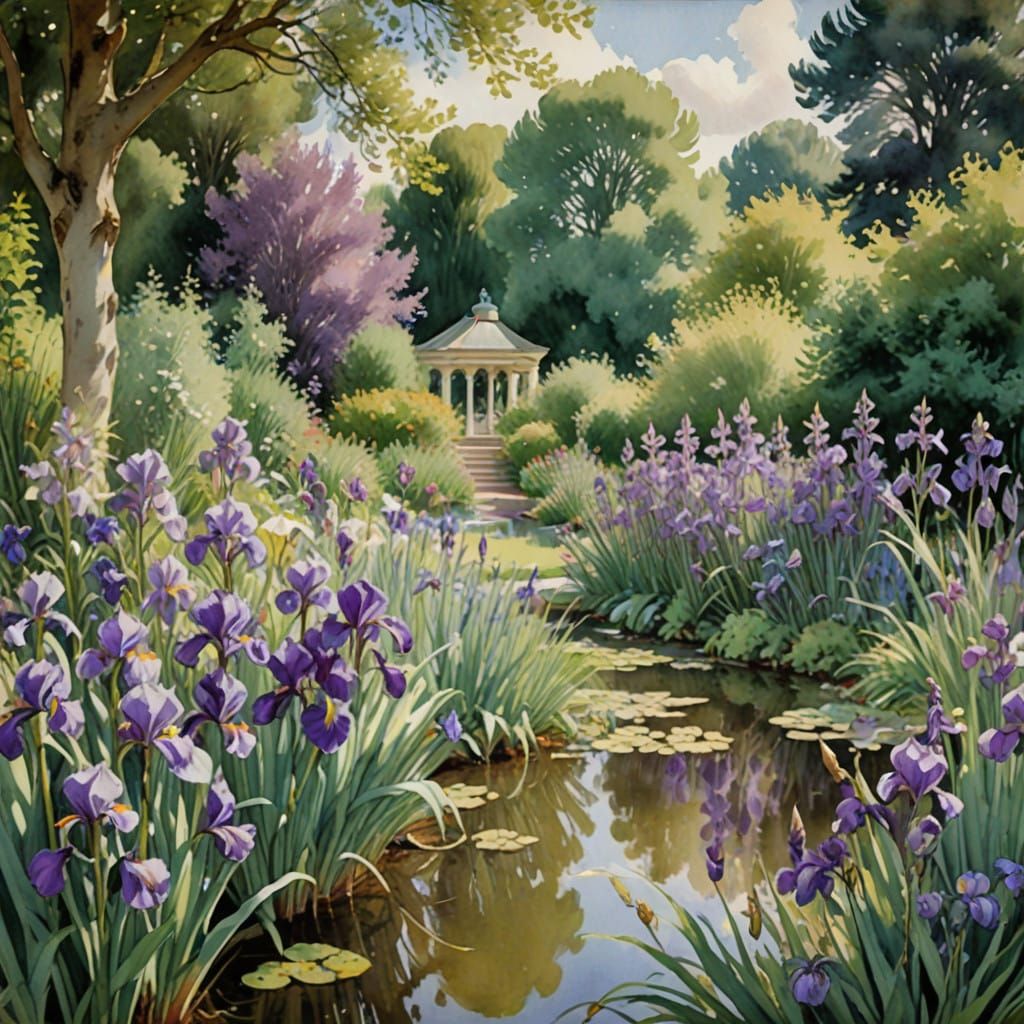 watercolour palladian garden in spring, morning light irises pond  by @CardinalBiggles