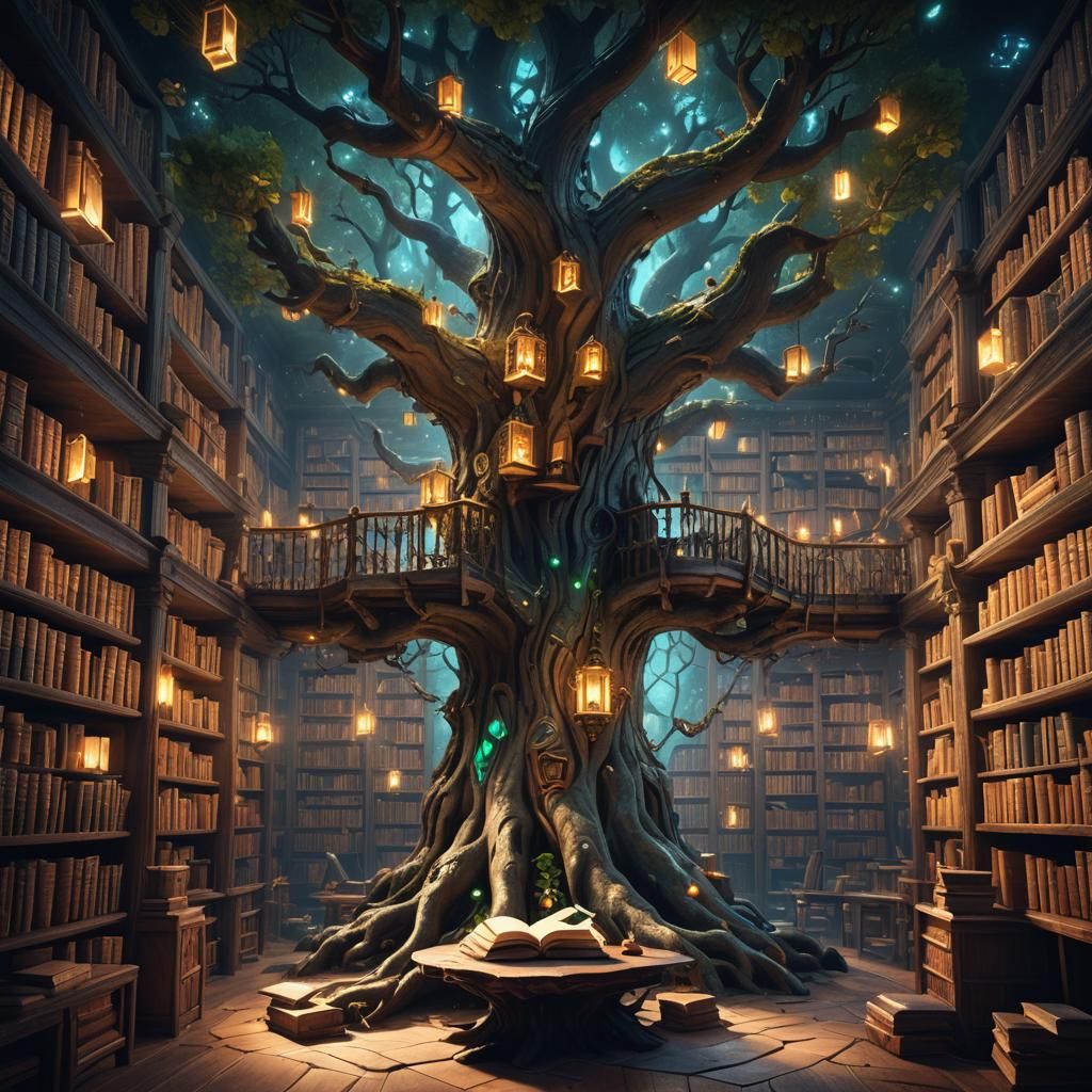 A mystical library set within an ancient tree, where floatin...