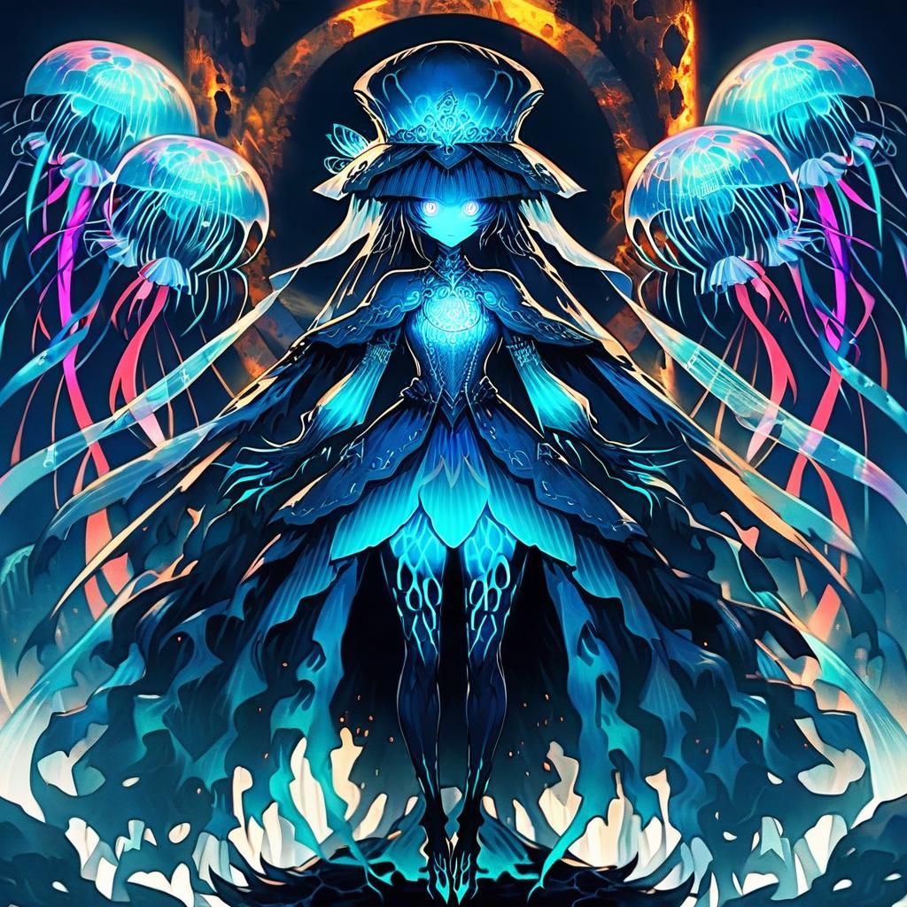 veiled hat+Face hidden and glowing eyes(jellyfish based char...