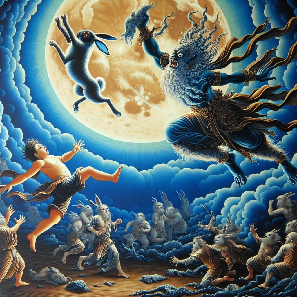 The angry god threw the rabbit into the moon.
