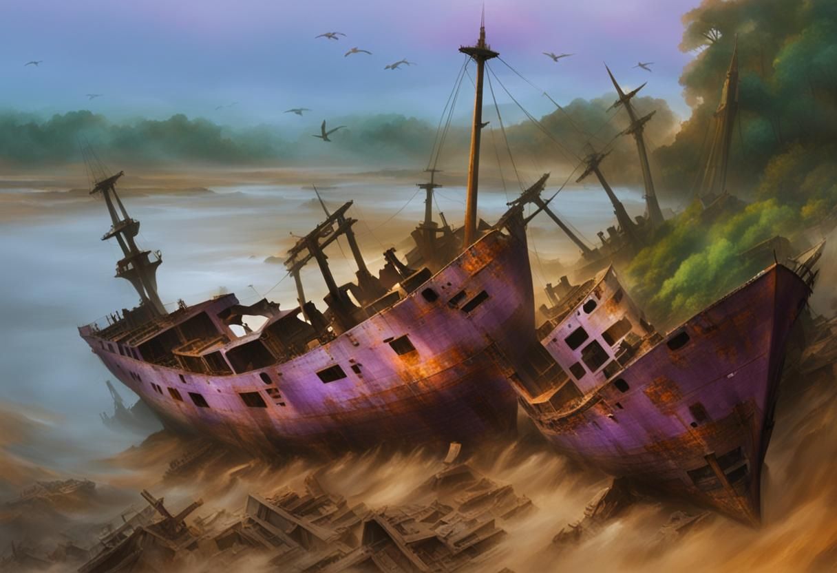 Sharp image of a ship graveyard. purple sunset