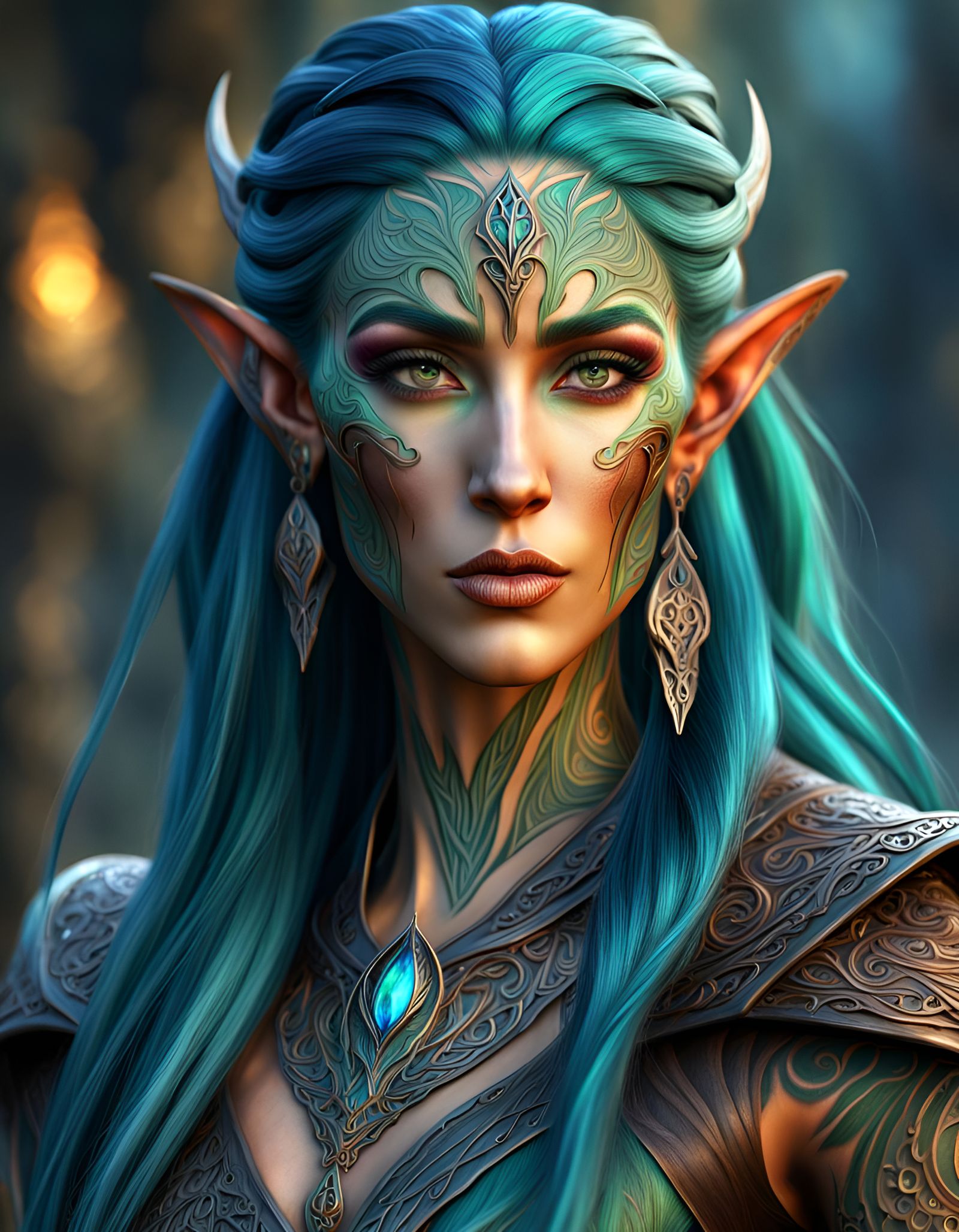 An elven character with intricate facial tattoos and flowing ...