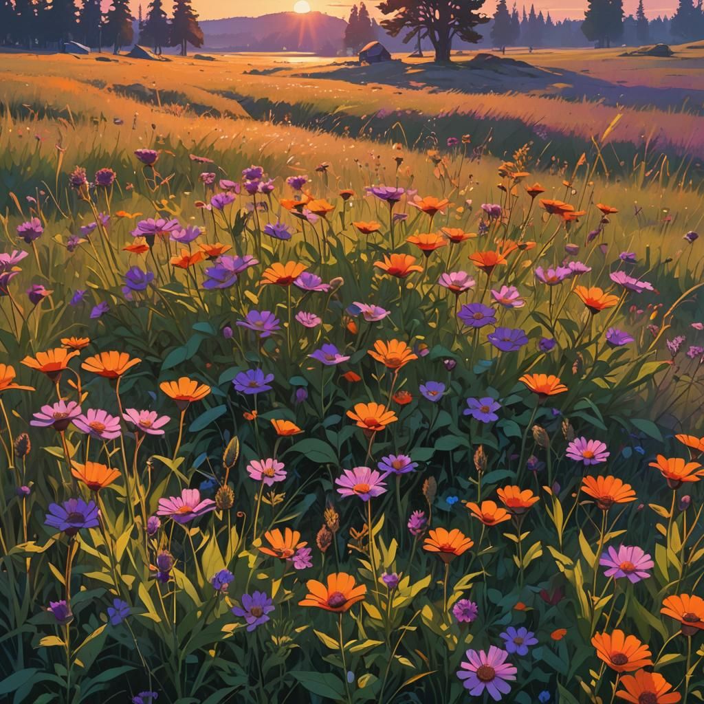 Meadow with wild flowers and a beautiful sunset