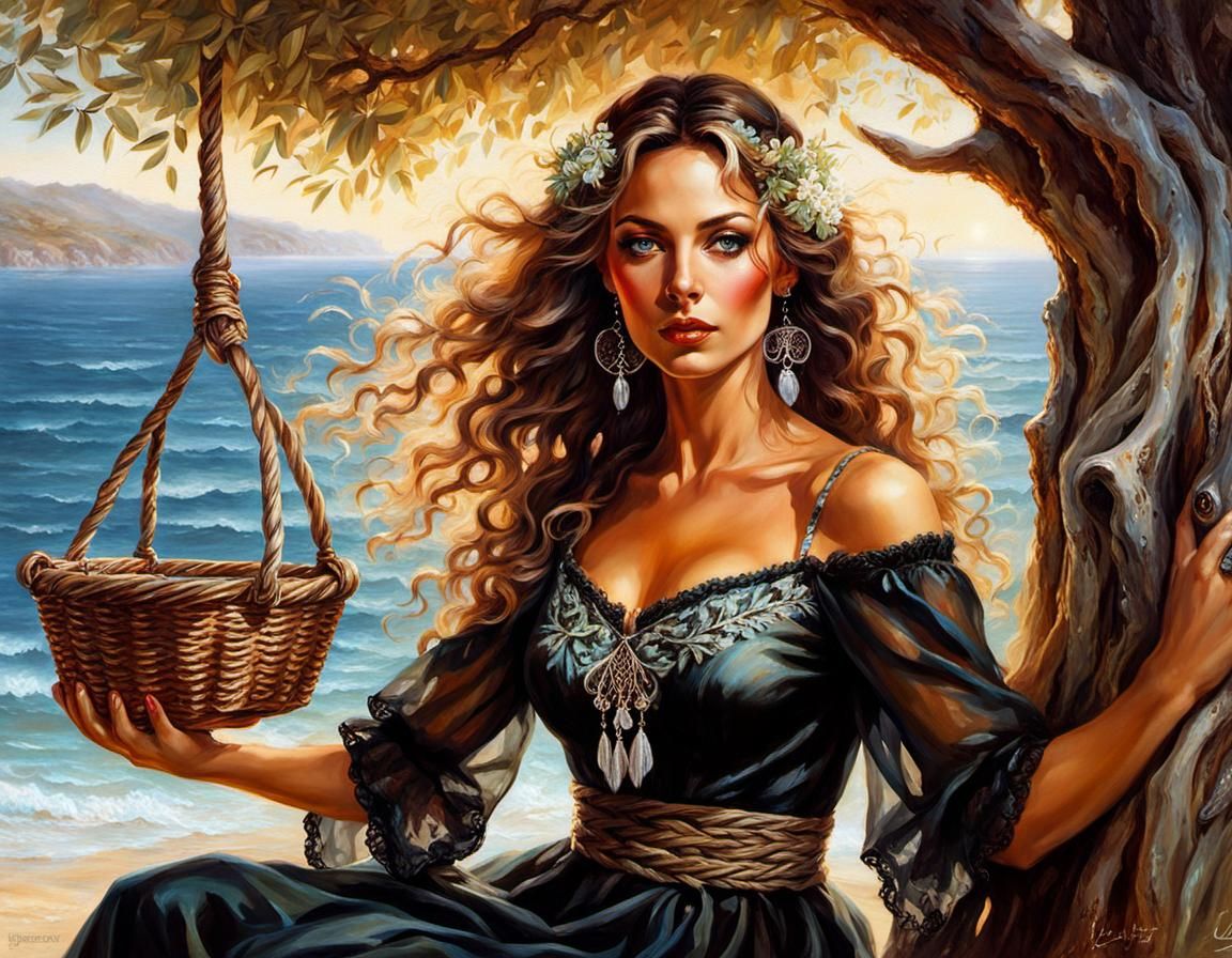 Sensual Heroine in Mediterranean Landscape, Oil Painting Sty...