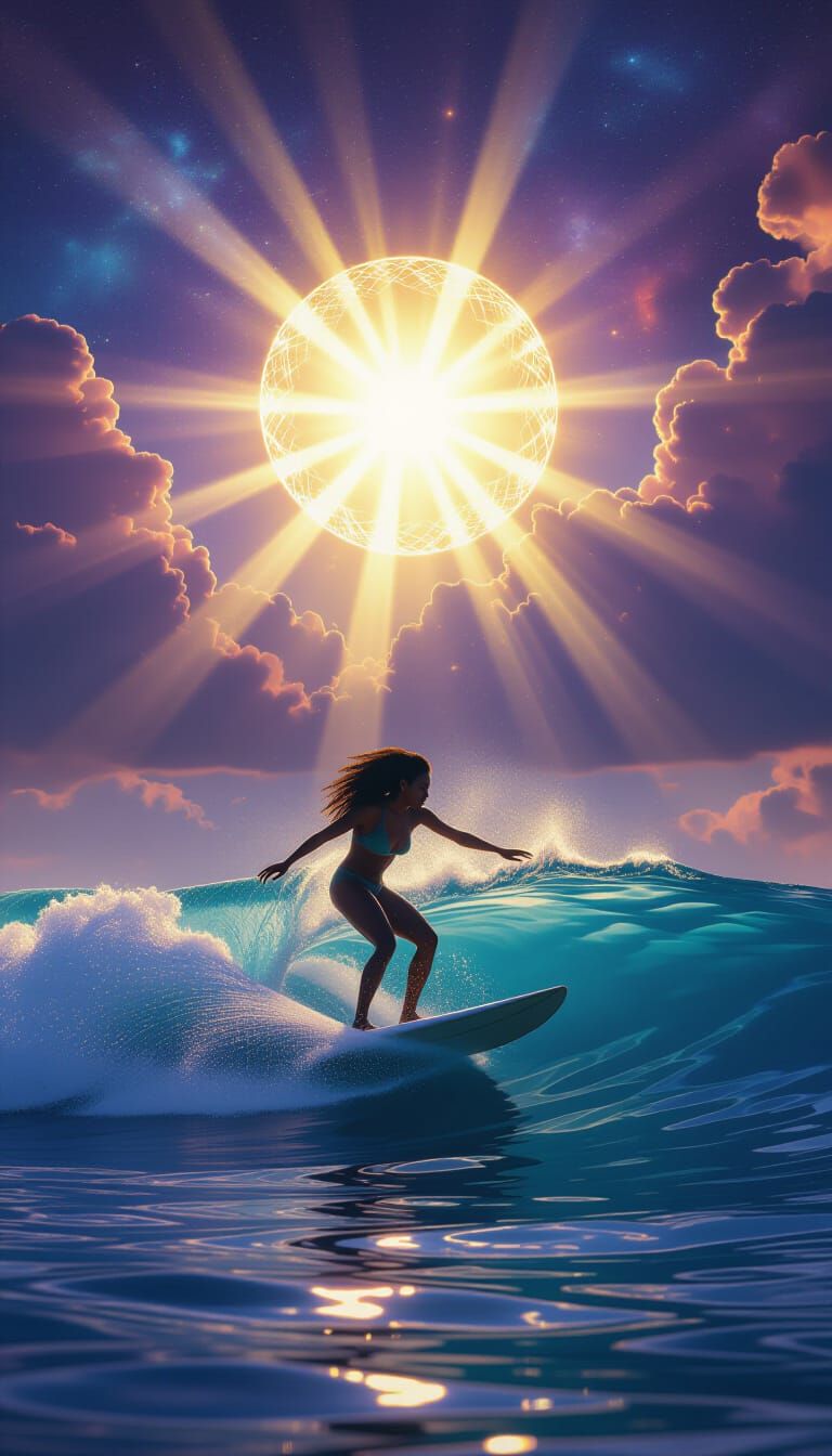 Black Woman Surfing Under Divine Cosmic Sunshine