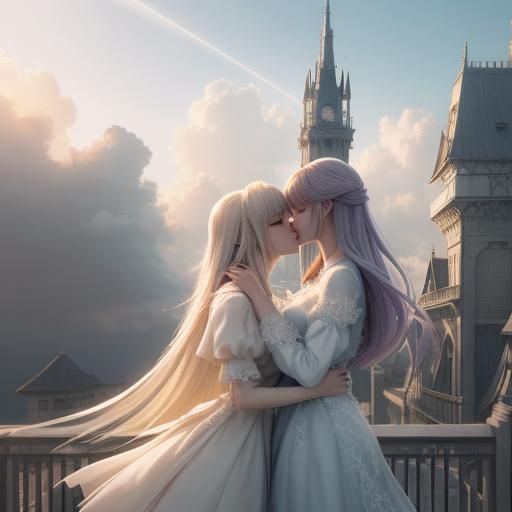 anime girl kissing a girl on a tower