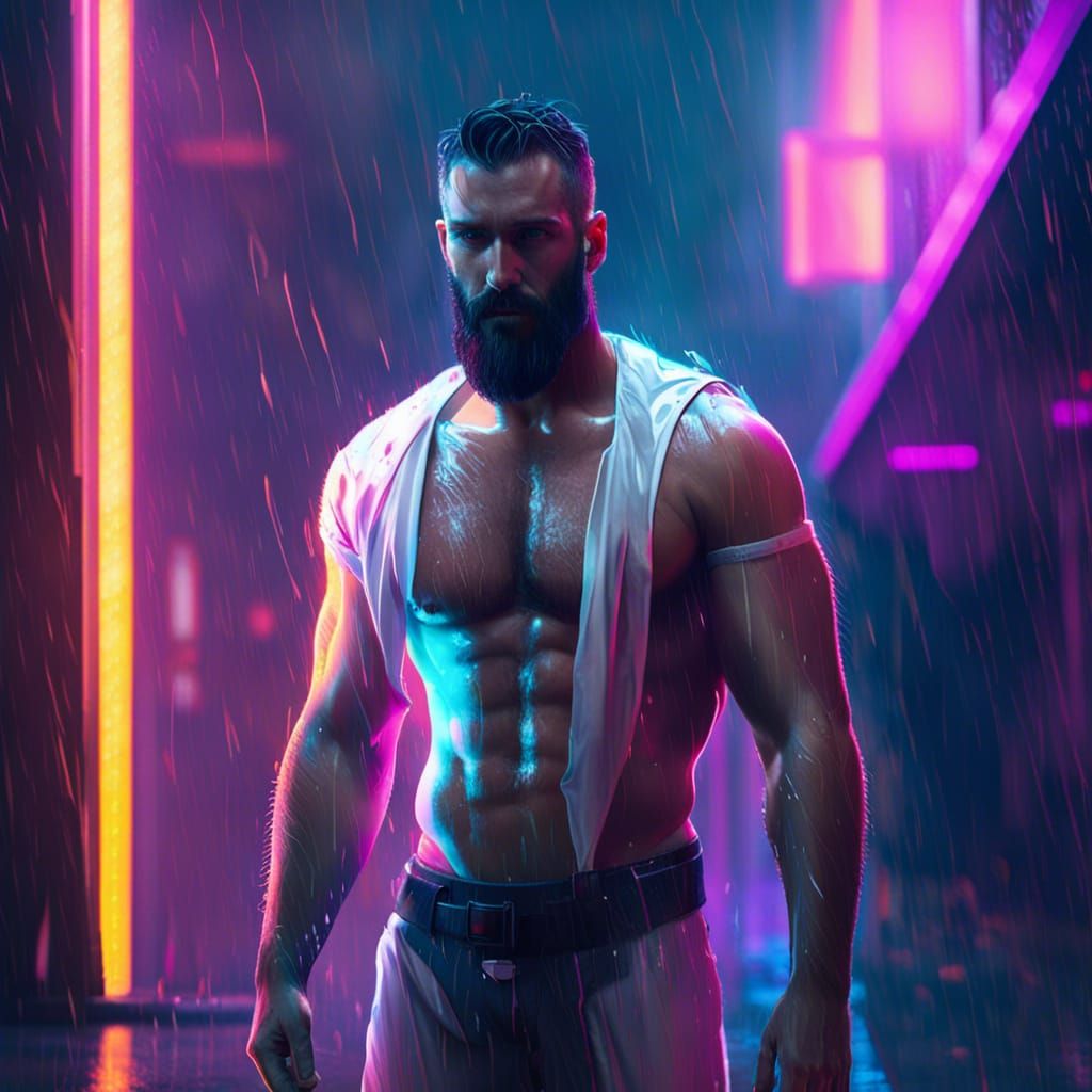 Muscular bearded Gay man in white underwear hiding heroicly in the rain -  AI Generated Artwork - NightCafe Creator