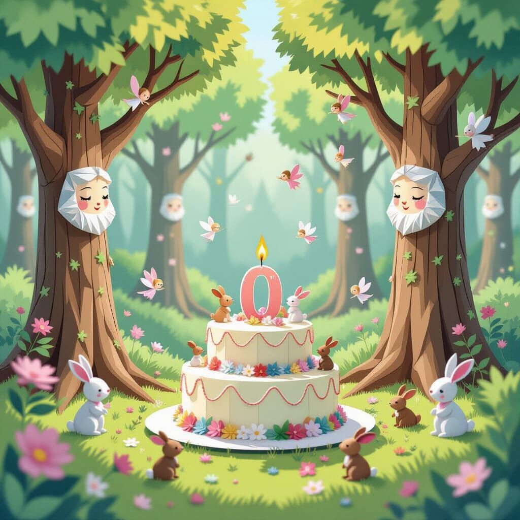 A whimsical forest scene where every humanlike faced tree and creature is meticulously crafted from folded origami paper. Many paper fairies...
