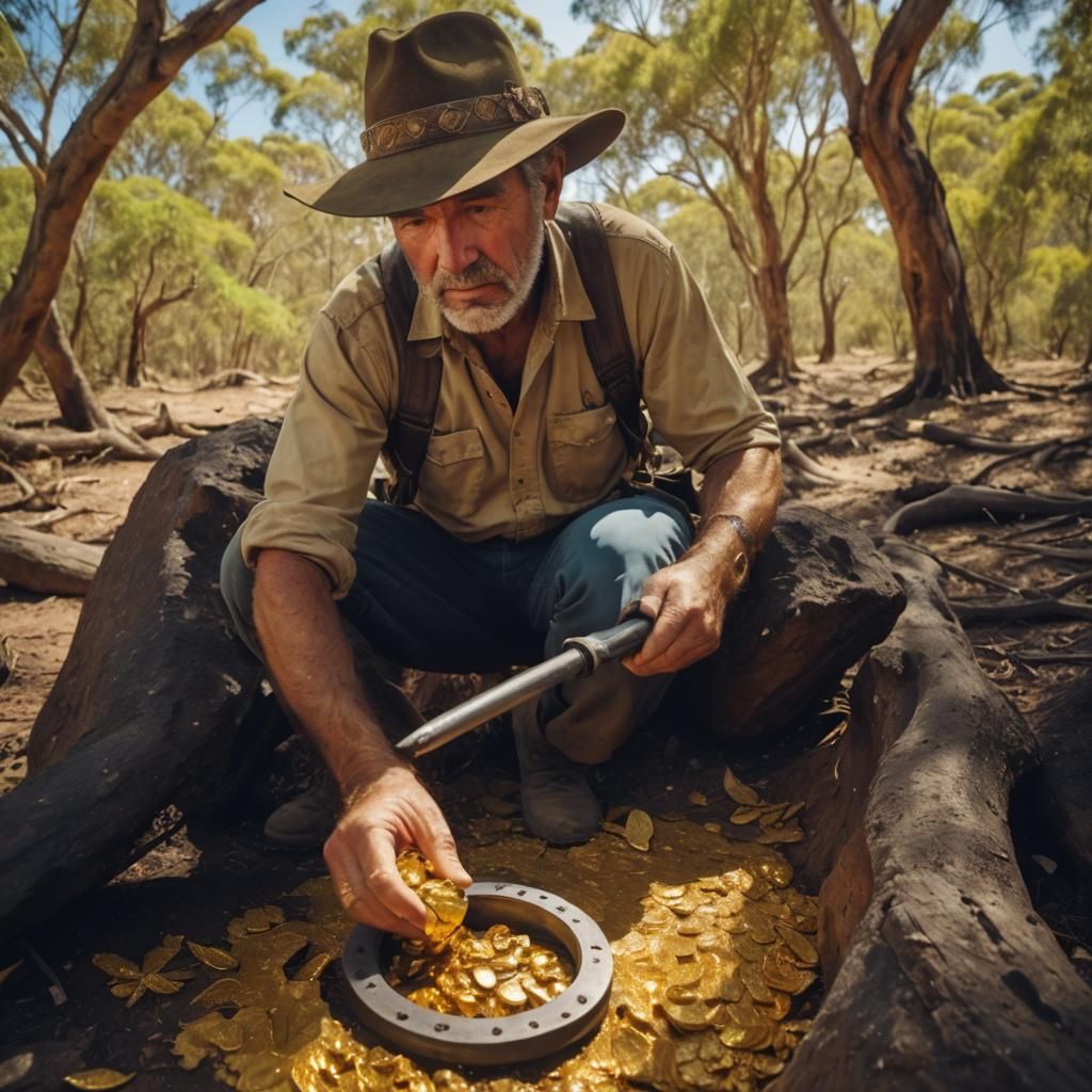 prospecteur découvrant pépiteq d'or gold piece dans le bush ...