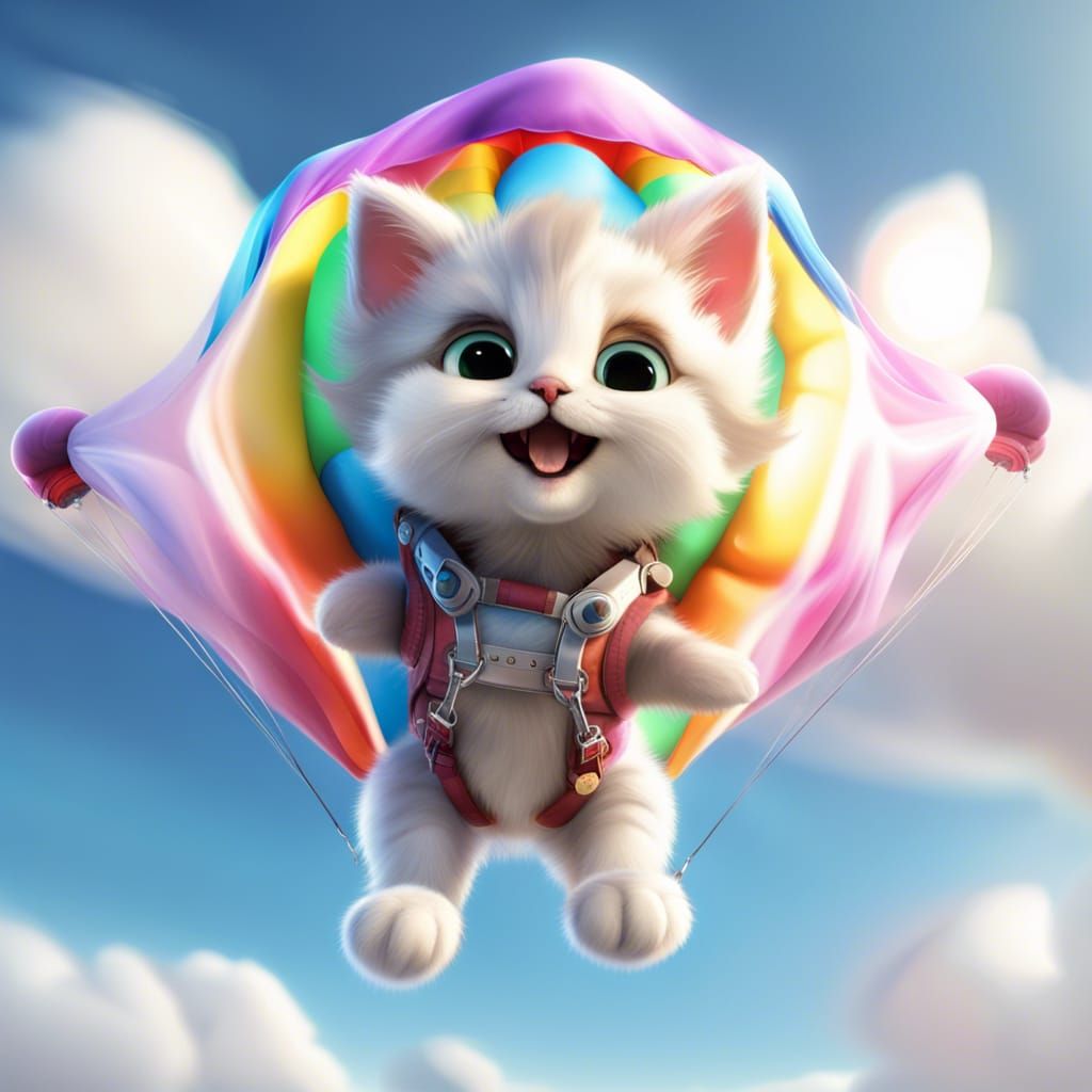 cute happy kitten skydiving with a rainbow parachute  by @Lukasz