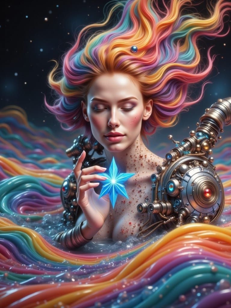 A beautiful realistic goddess with a serene face emerges from a tumultuous sea of vibrant, swirling color waves. Her hand, intricately integ...