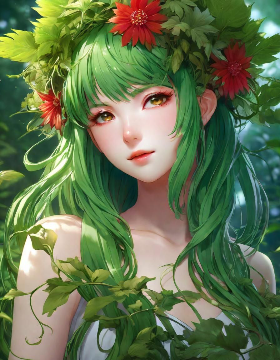 A plant anime girl with fully green skin. She has red leaflike hair