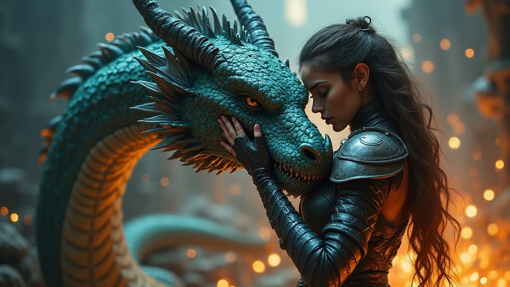 a young warrior woman hugging a big dragon blue green and black colors focus on to the dragon  by @popcorn theory