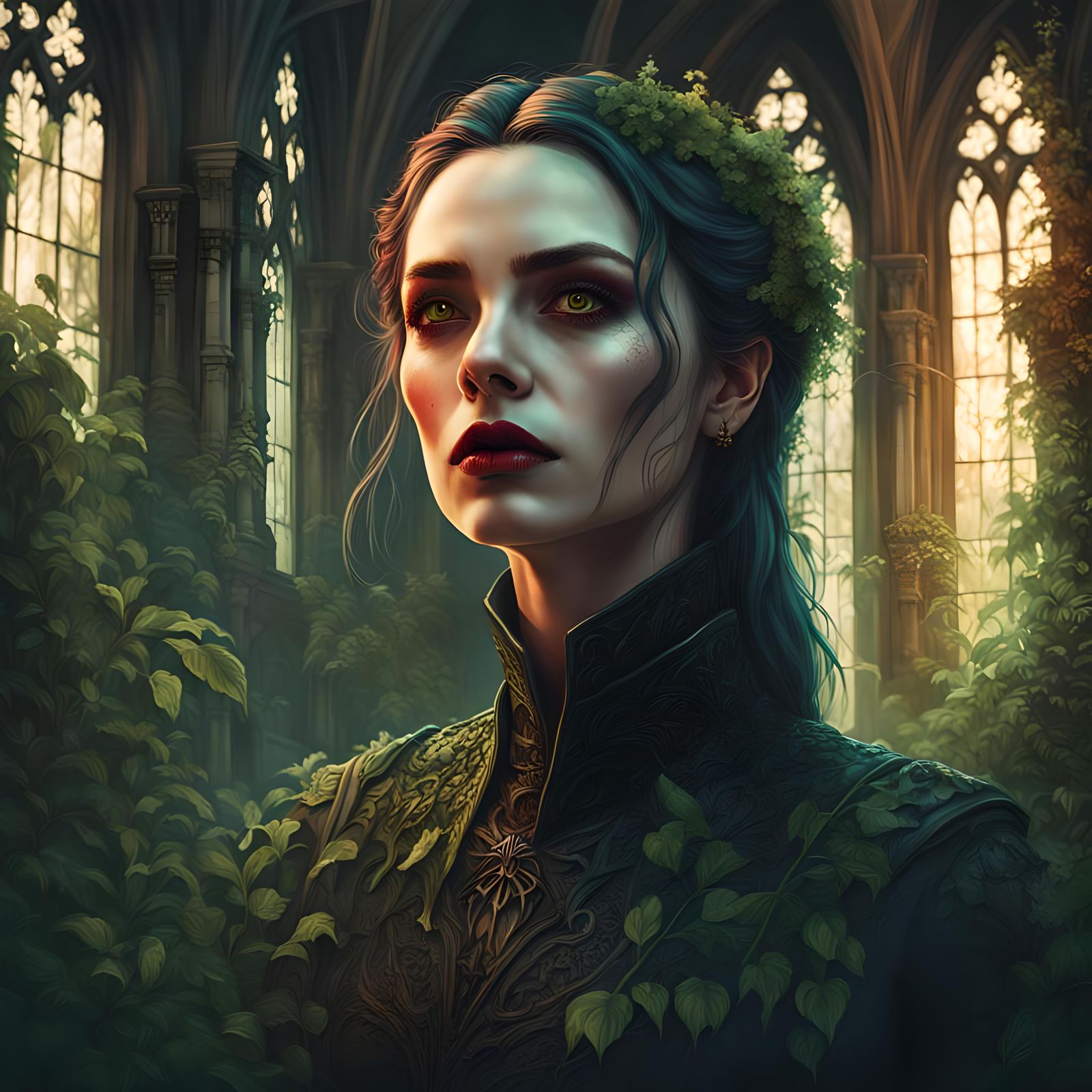 Portrait of stunning vampire woman in a verdant overgrown go...
