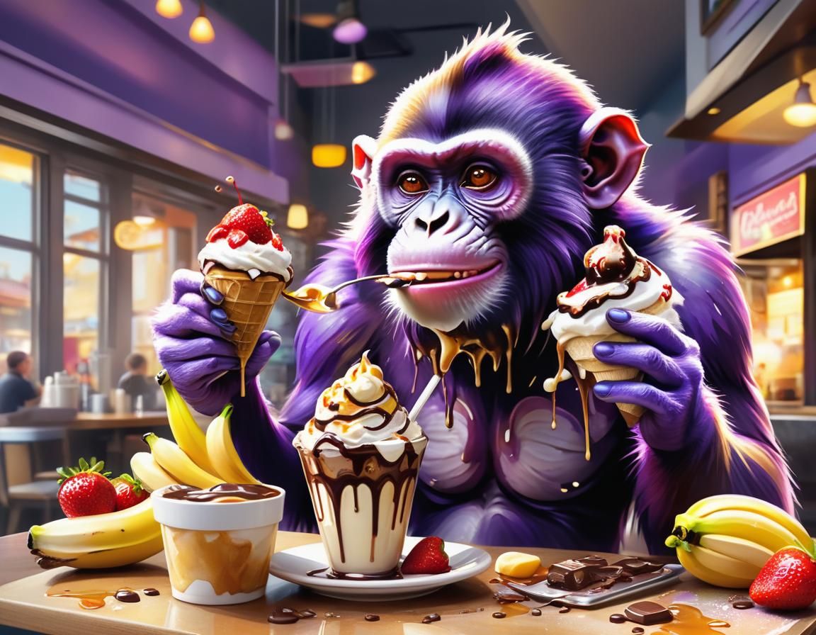 Animated Monkey in a Coffee Shop Eating Ice Cream 🍨  by @BBlue
