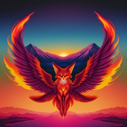 Flaming Four Winged Fox with Fire Sunset with Mountains and ...