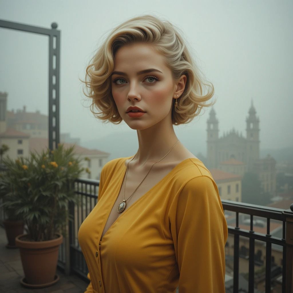 Girl on a terrace in yellow dress