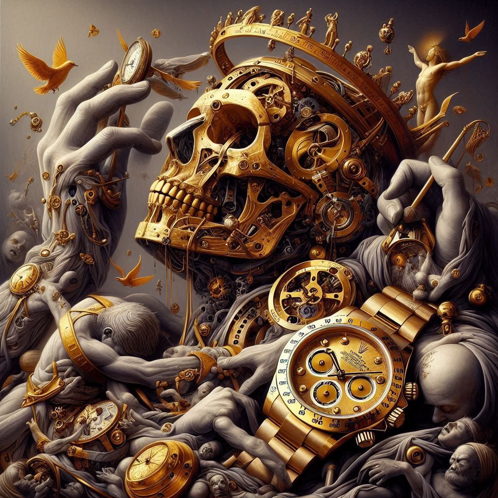 His death is absorbed in the glint of golden hands