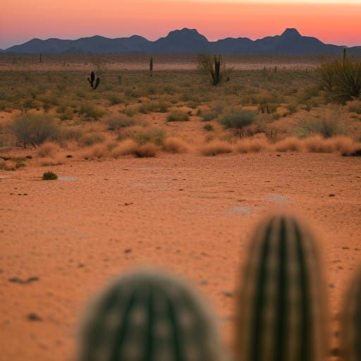 desert with cacti's and a beautiful sunset with someone in t...
