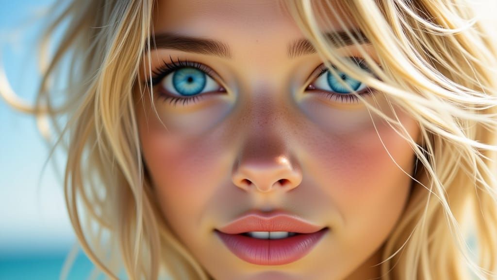 <lora:Realty:1.0> A portrait of a blonde woman with azure eyes.  Her hair long hair is flying in the wind. Realistic style