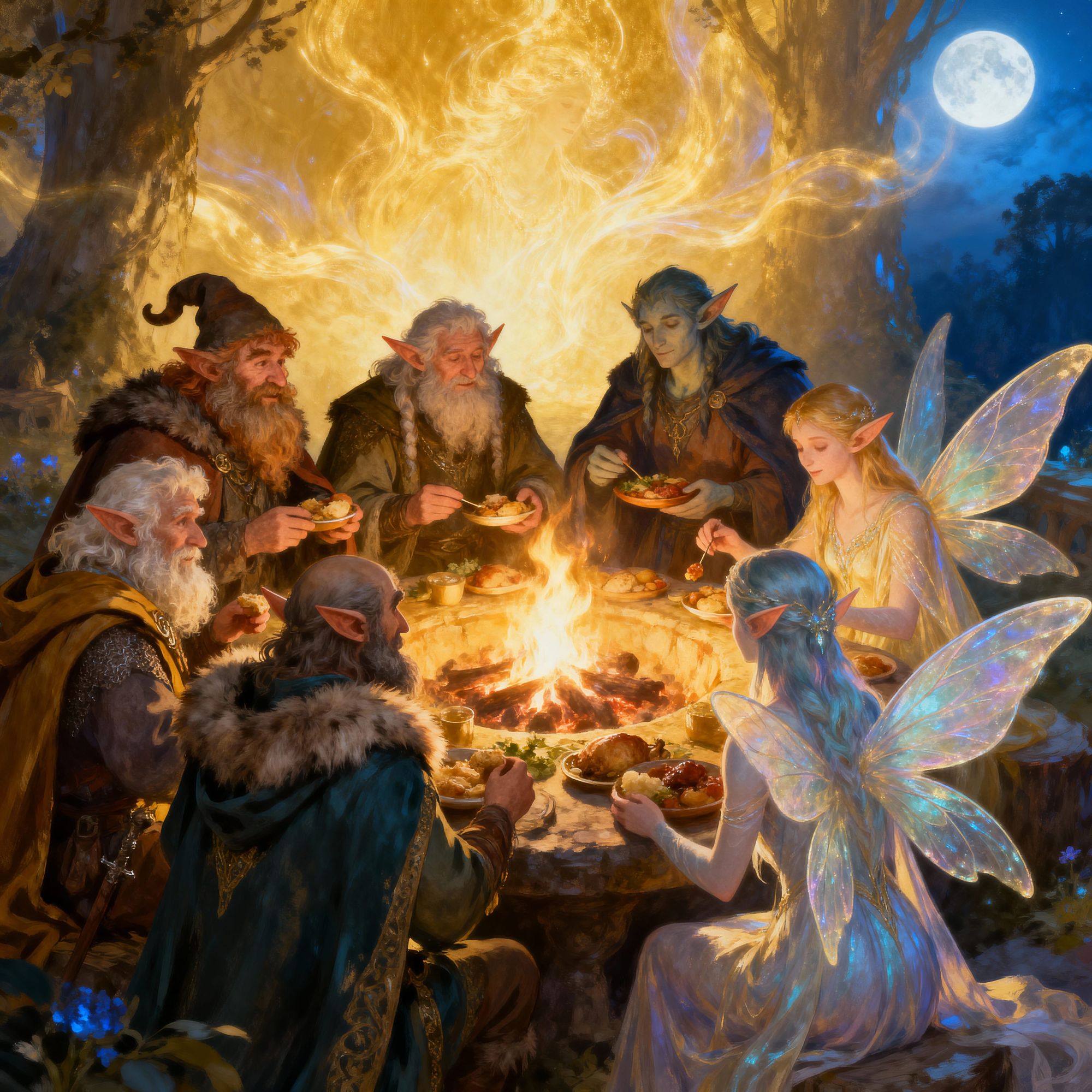 An ethereal scene of a community of diverse fantasy creatures, including elves, dwarves, and sprites, gathered around a large, glowing heart...