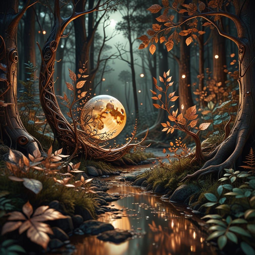 Ethereal Moonlit Forest with Woman in Copper Dress