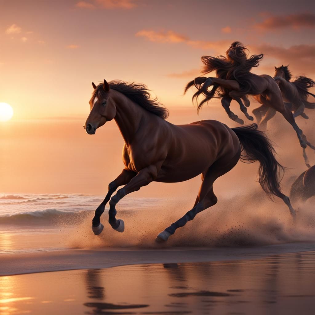 Horse running on the beach in the sunset