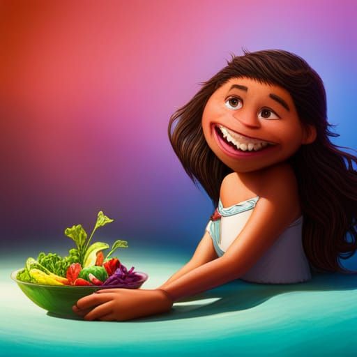 Moana laughing eating salad - AI Generated Artwork - NightCafe Creator