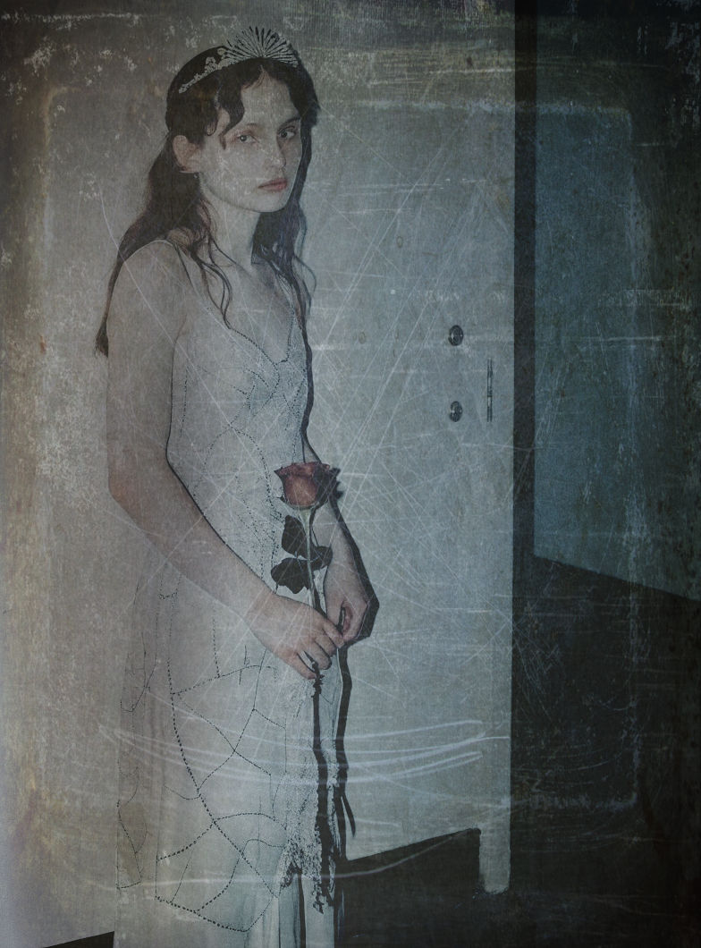 An ancient prom princess with a sparkling tiara; wearing a g...