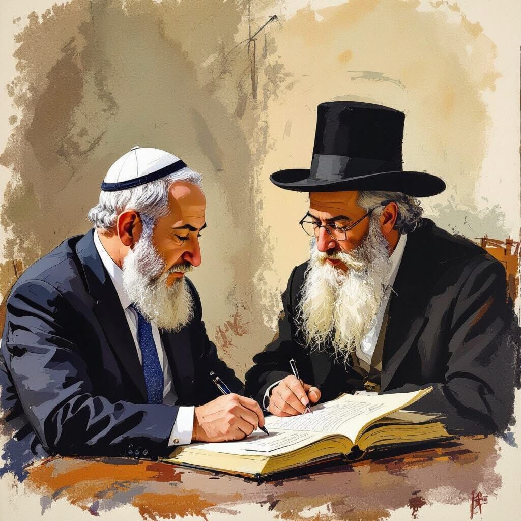 Netanyahu Studies Torah with Rabbi, Artistic Rendition
